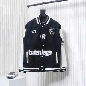 Balenciaga Patchwork Baseball Jacket with Leather Sleeves