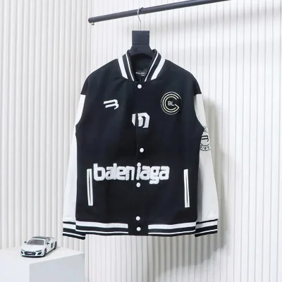 Balenciaga Patchwork Baseball Jacket with Leather Sleeves - etkick reps