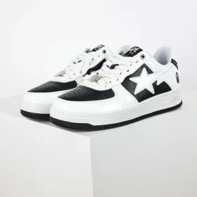 BATHING APE STA Classic Trend Fashion Sneakers White Mirror Black Leather