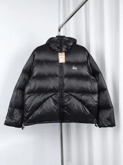 Stussy 23Fw Hooded Down Jacket in Black and Grey - etkick reps