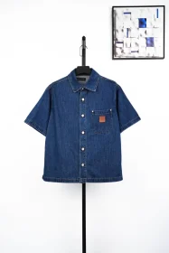 Denim Short-Sleeved Shirt With Small Logo On The Pocket Blue