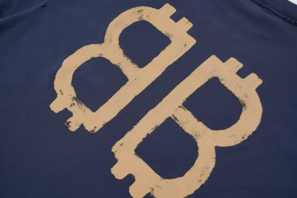 Balenciaga Bitcoin Double B Printed Ripped T-Shirt Dark Blue - Image 8