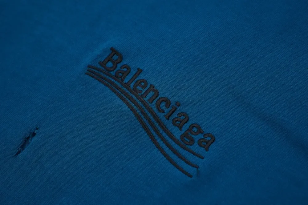 Balenciaga Destroyed Edition Coke Wave Embroidery T-Shirt Washed Blue Color - Image 5