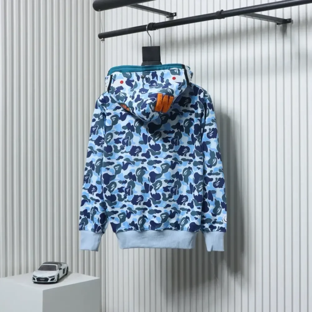 BAPE Shark Head Tiger Head Zipper Camouflage Double Hoodie Blue - Image 2