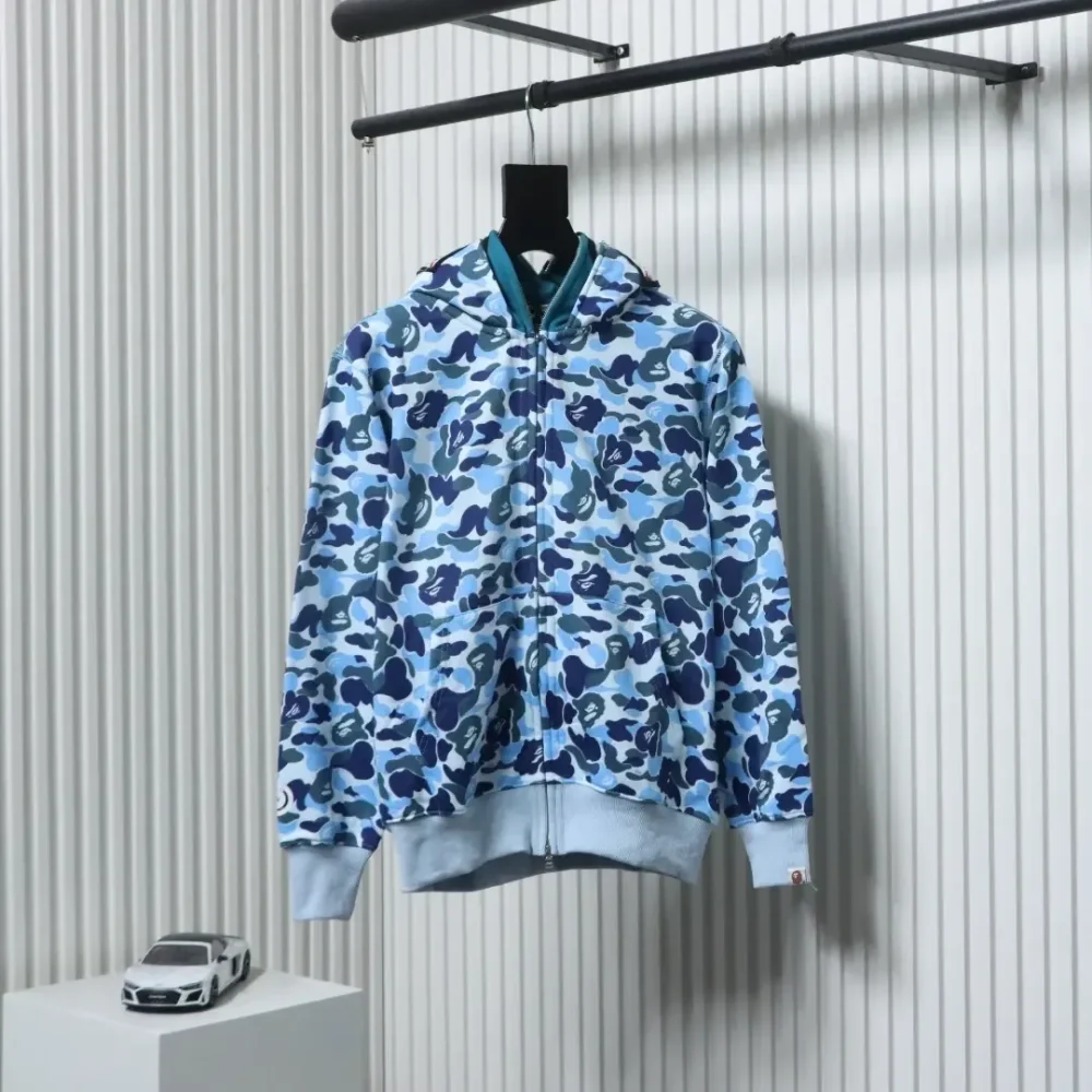 BAPE Shark Head Tiger Head Zipper Camouflage Double Hoodie Blue