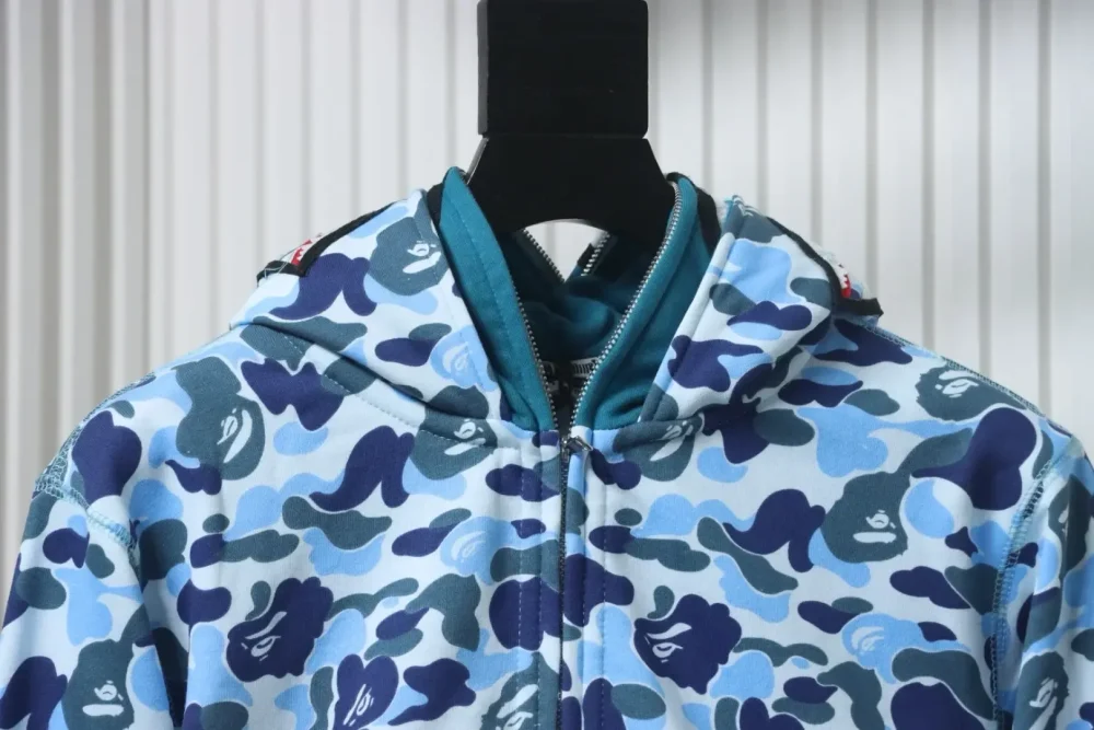 BAPE Shark Head Tiger Head Zipper Camouflage Double Hoodie Blue - Image 3