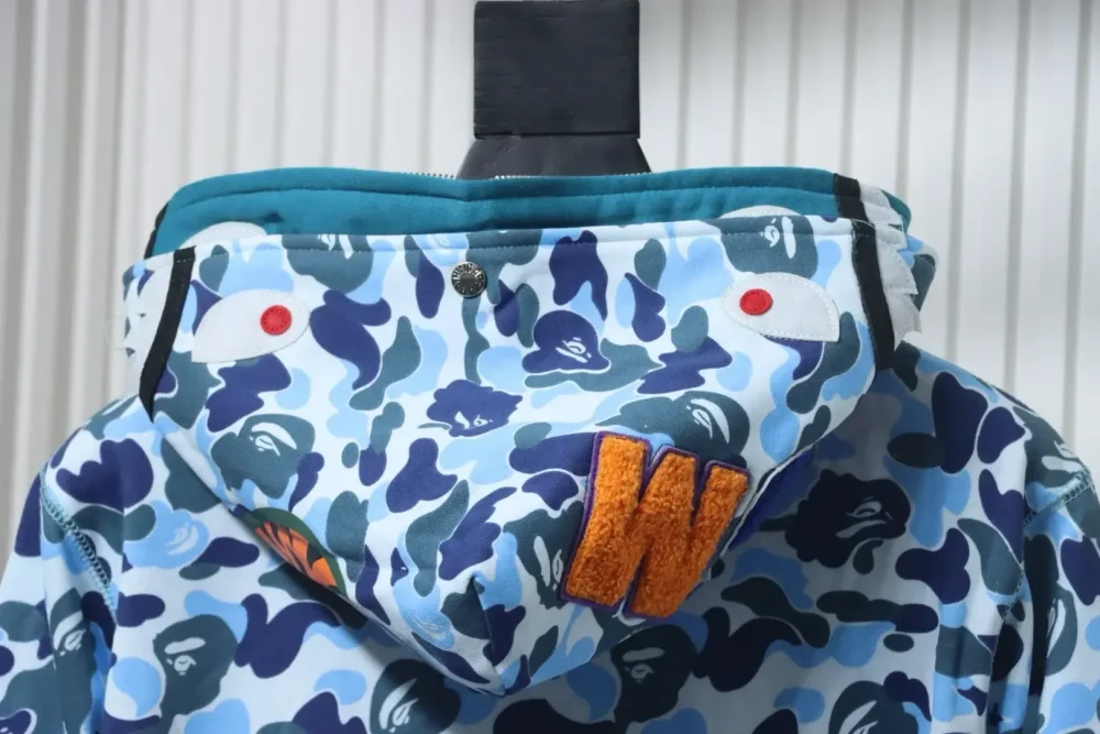 BAPE Shark Head Tiger Head Zipper Camouflage Double Hoodie Blue - Image 4