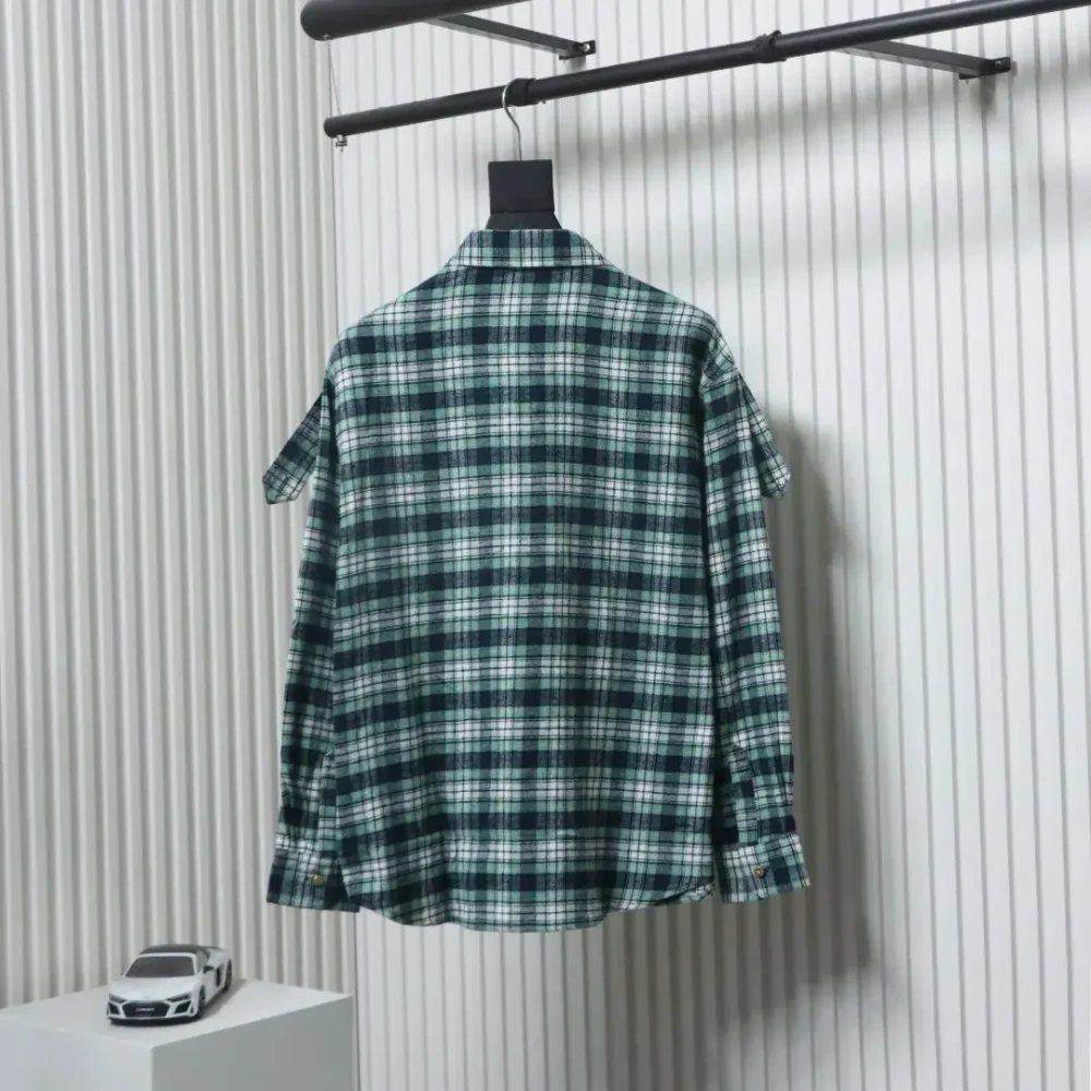 CELINE Green Checked Flannel Long-Sleeved Shirt - Image 2