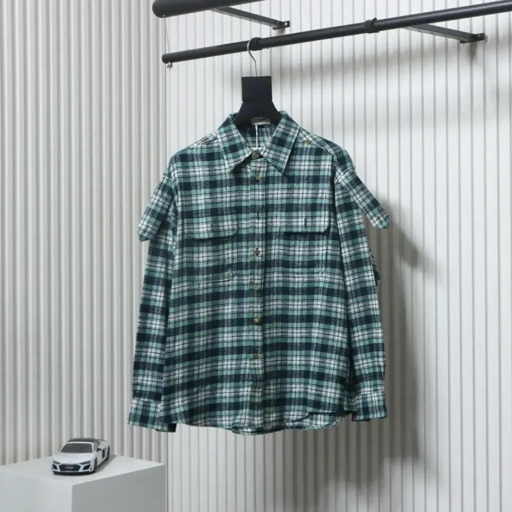 CELINE Green Checked Flannel Long-Sleeved Shirt