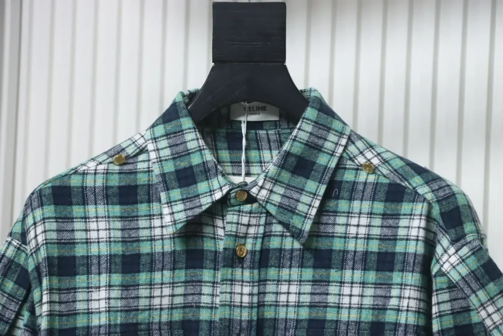 CELINE Green Checked Flannel Long-Sleeved Shirt - Image 3