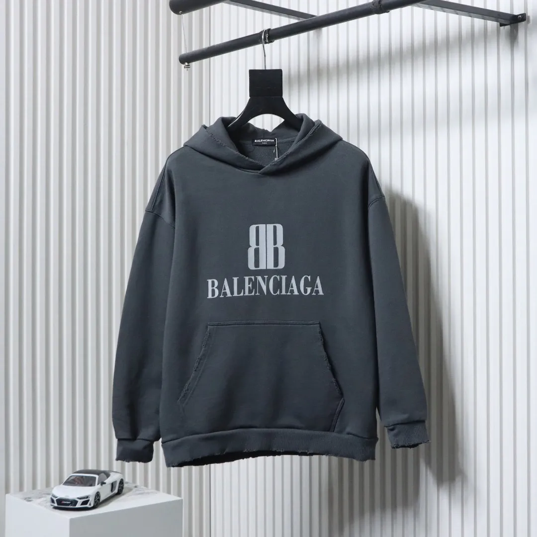 Balenciaga Ripped Double-B Logo Print Hoodie