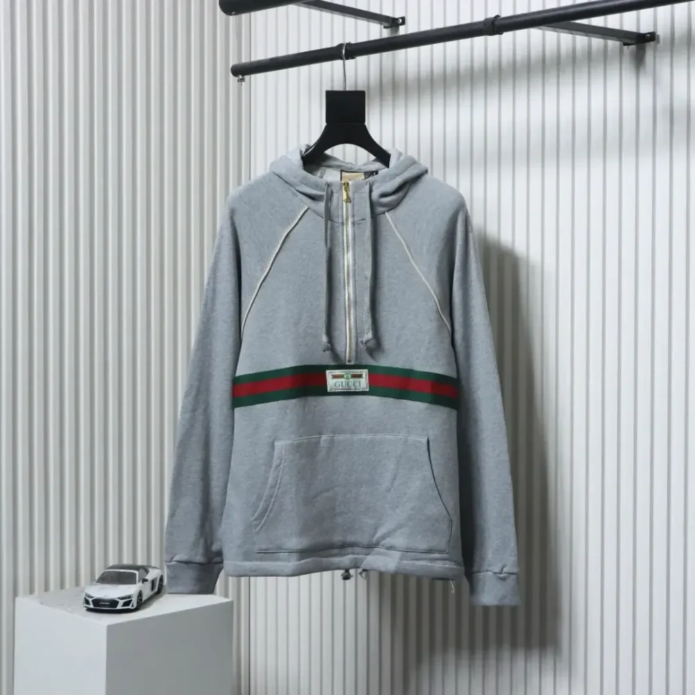 GU Half-Zip Hoodie With Woven Pattern In Red And Green - Image 11