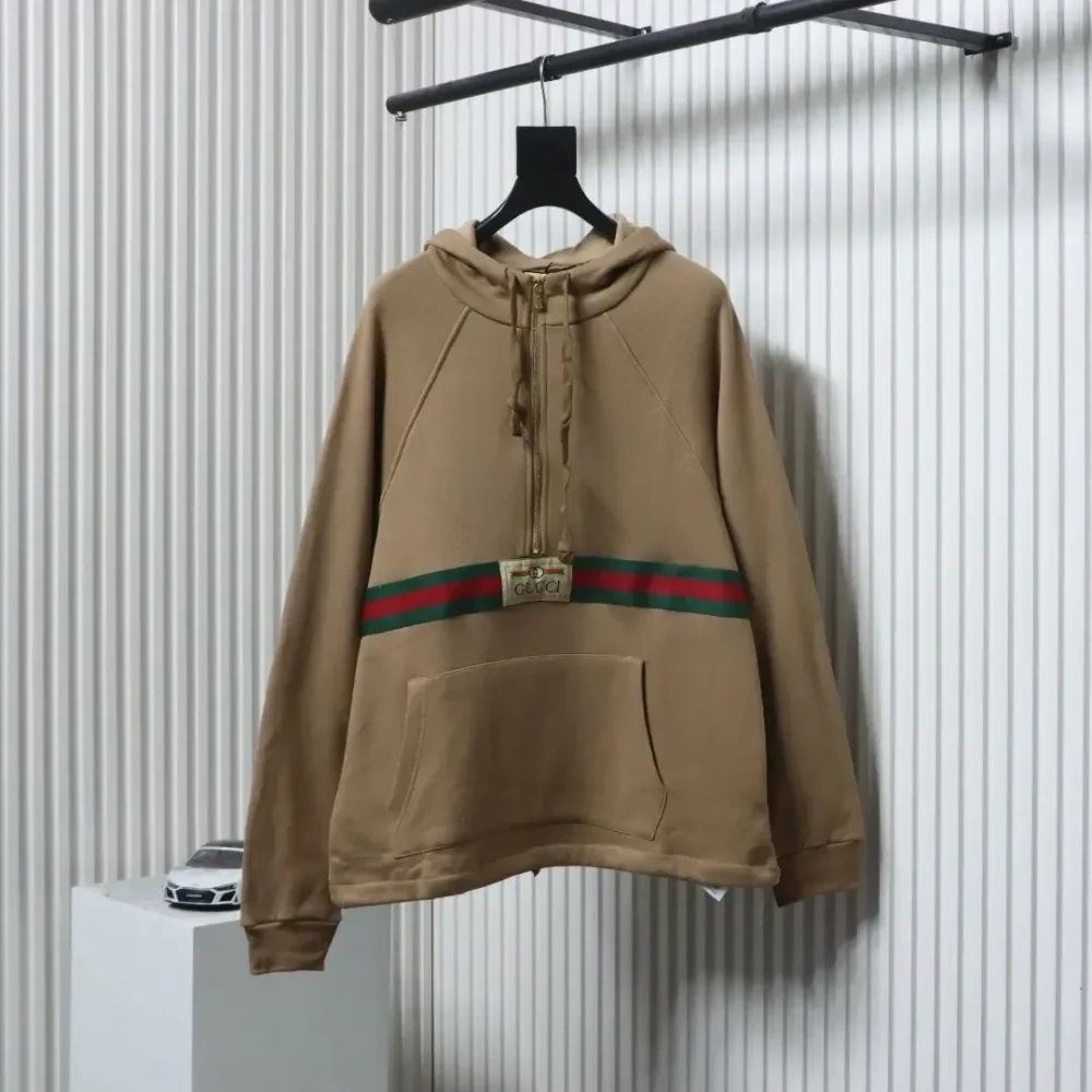 GU Half-Zip Hoodie With Woven Pattern In Red And Green