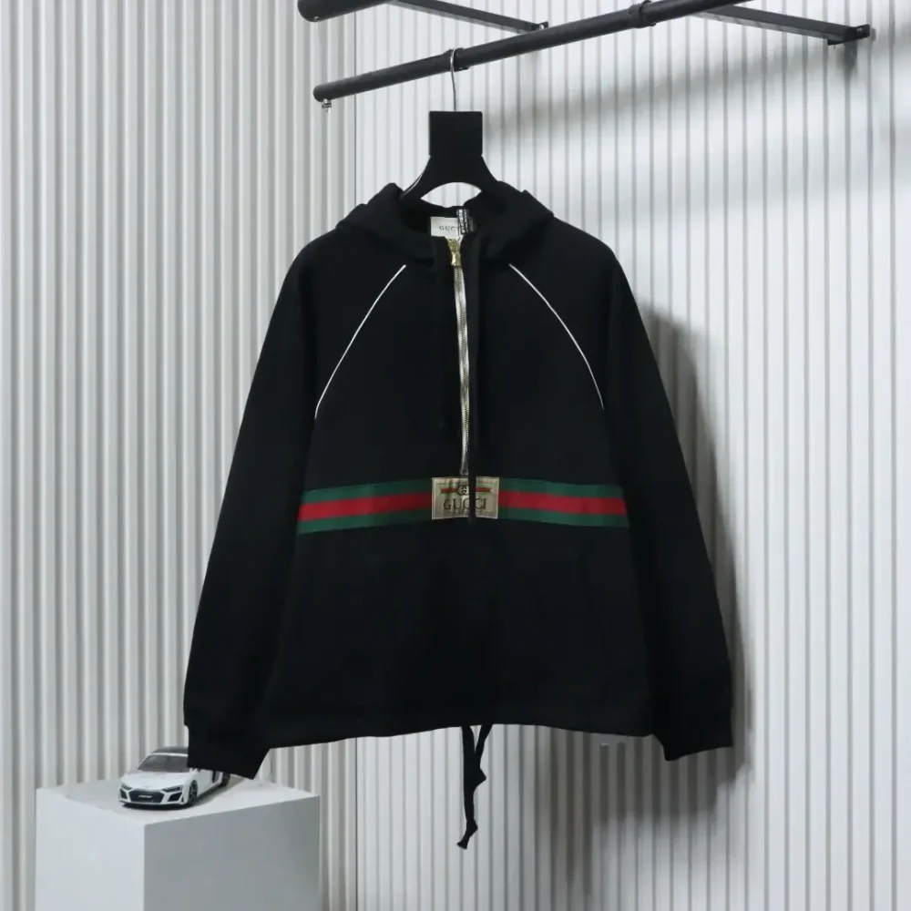 GU Half-Zip Hoodie With Woven Pattern In Red And Green - Image 13