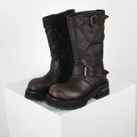 Balenciaga 25FW Venom Motorcycle Punk Martin Buckle Tall Boots Brown
