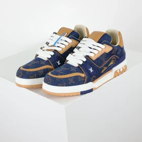 Sneaker Skate Shoes In Blue Calfskin And Denim With Embroidered Letters