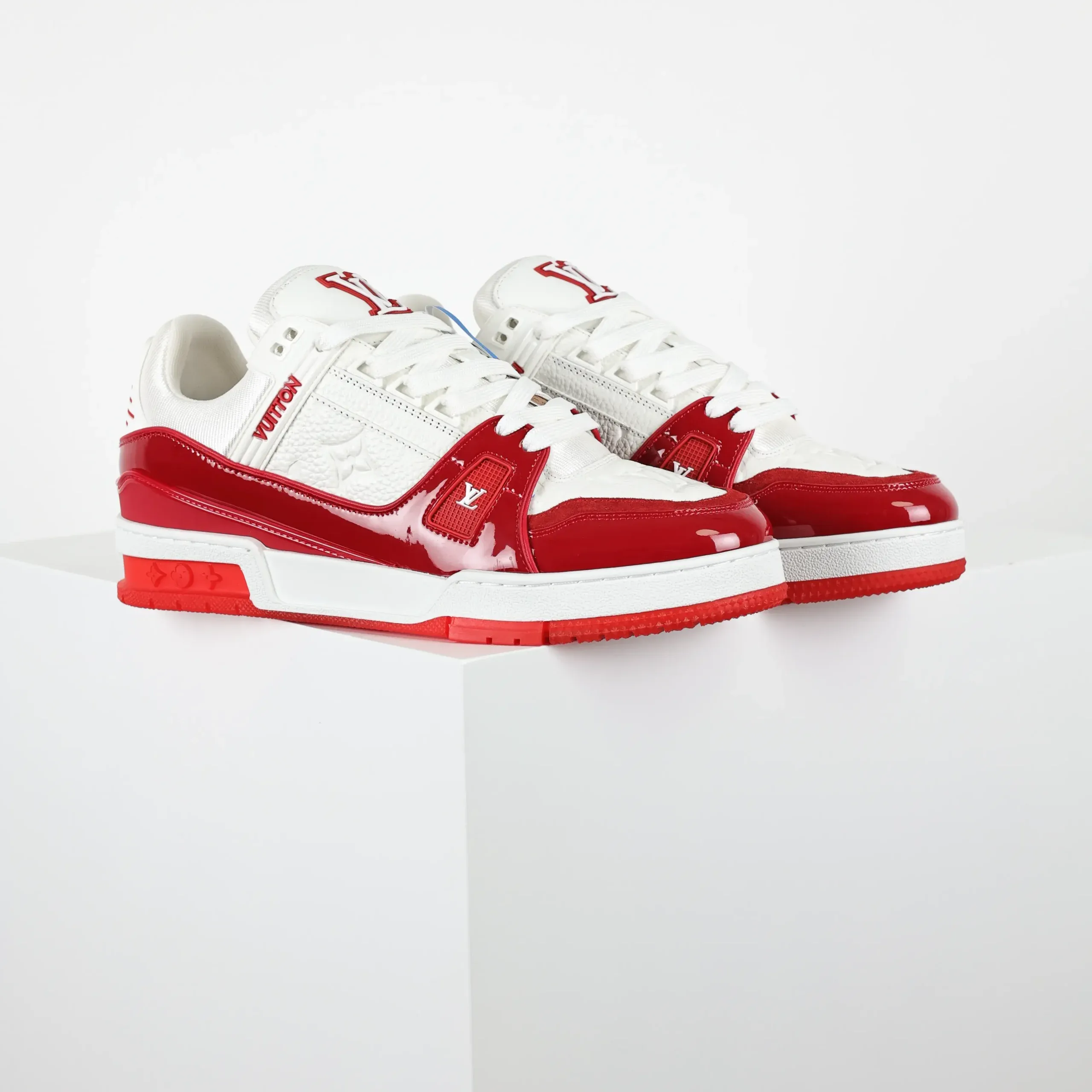 Trainer Monogram Sneakers In Grained Calfskin White And Red Patent Leather - Image 3