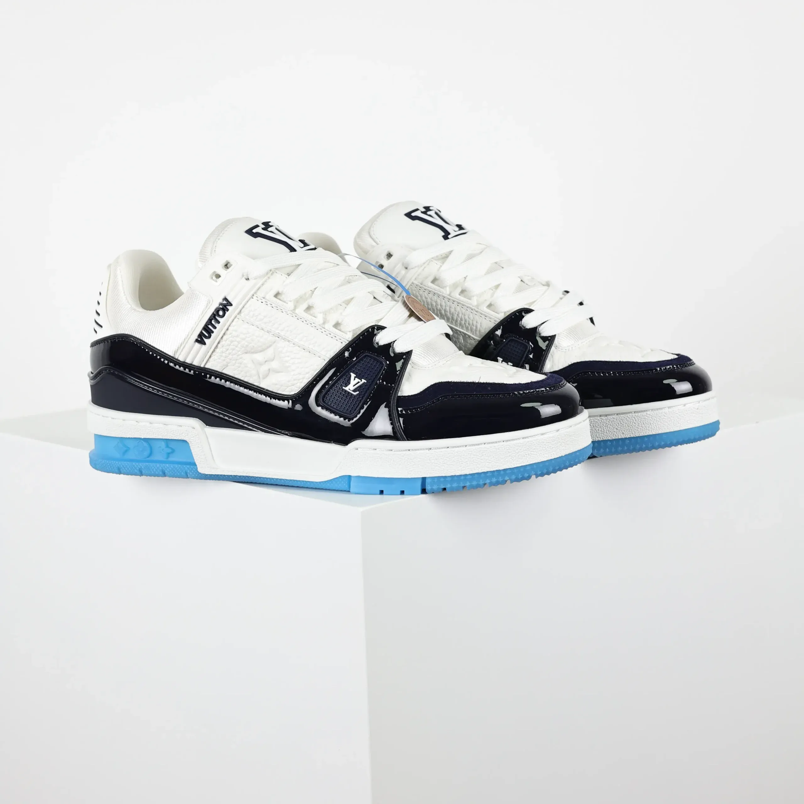 Trainer Monogram Sneakers In White Grained Calfskin And Black And Blue Patent Leather - Image 2