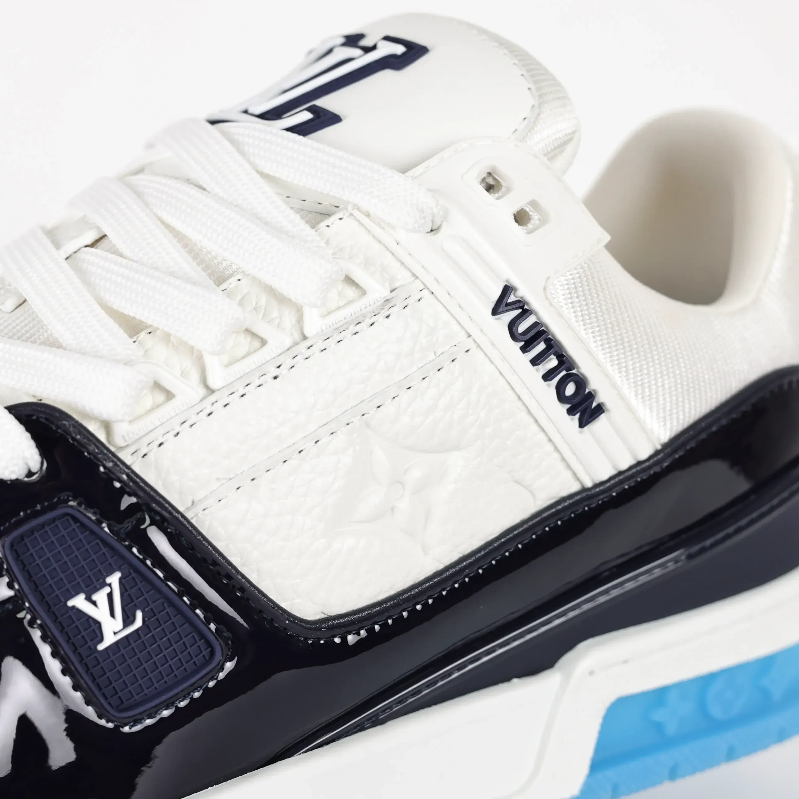 Trainer Monogram Sneakers In White Grained Calfskin And Black And Blue Patent Leather - Image 11