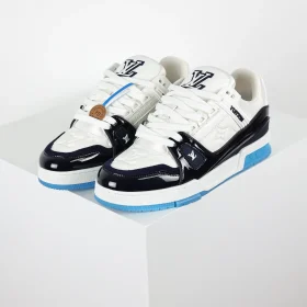 Trainer Monogram Sneakers In White Grained Calfskin And Black And Blue Patent Leather