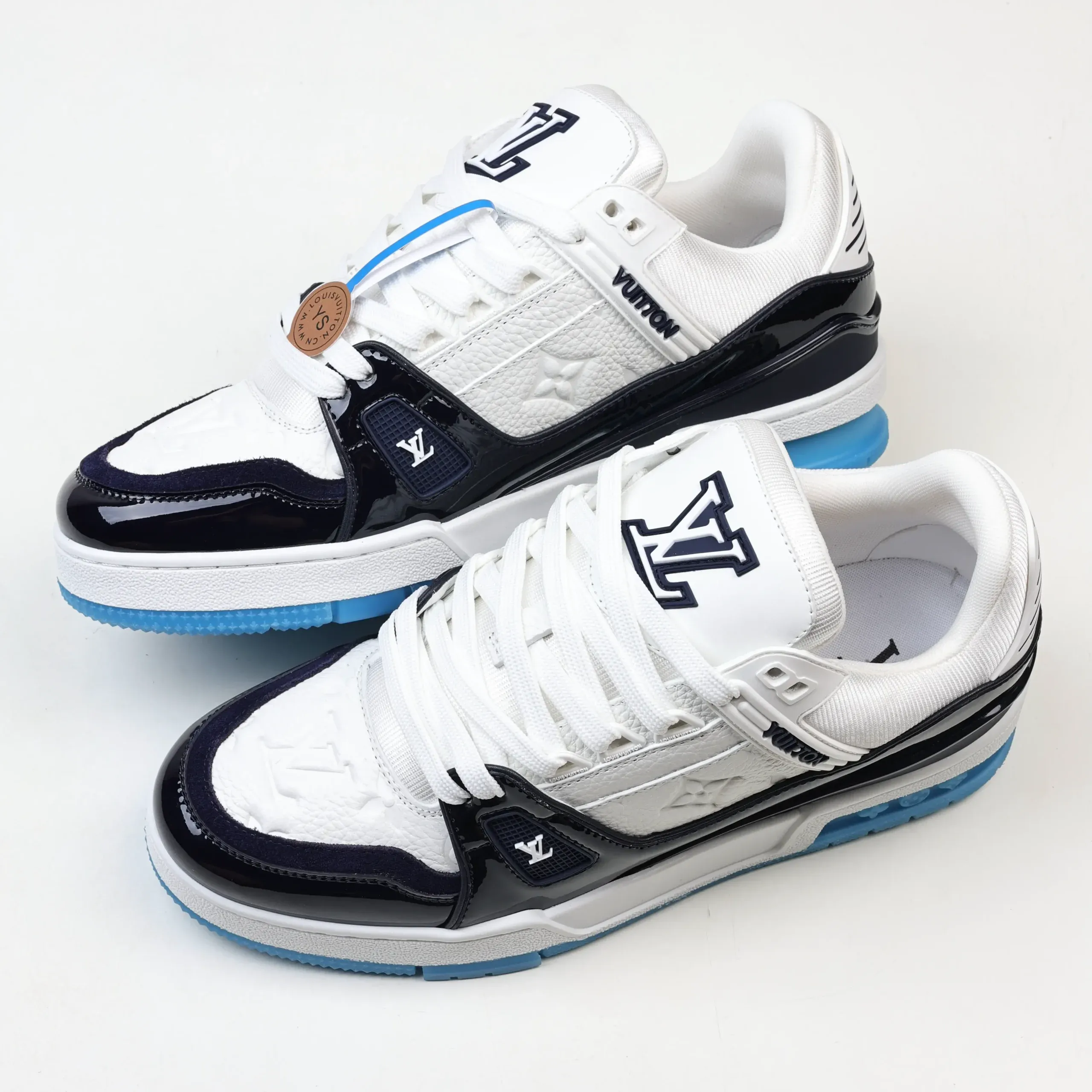 Trainer Monogram Sneakers In White Grained Calfskin And Black And Blue Patent Leather - Image 7