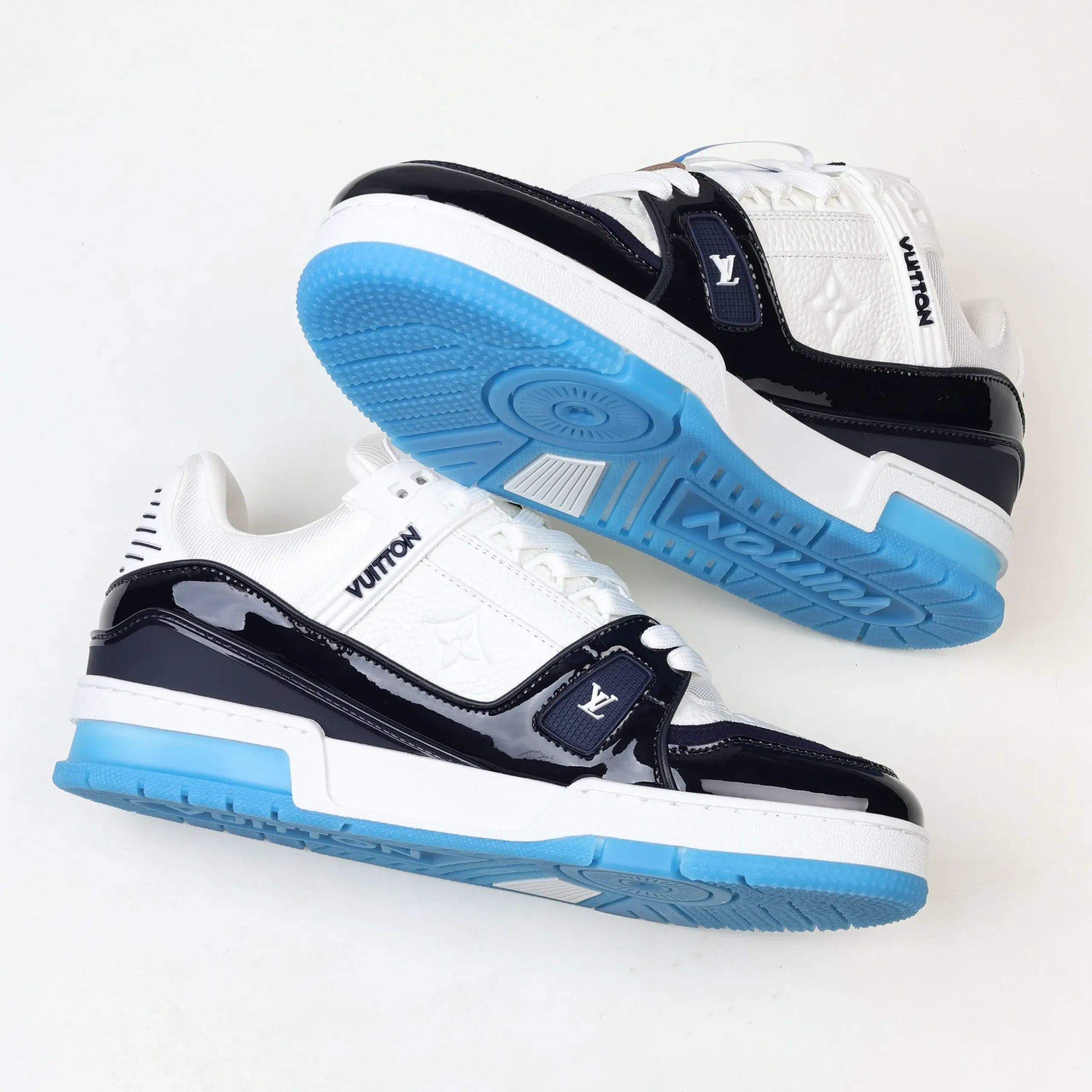 Trainer Monogram Sneakers In White Grained Calfskin And Black And Blue Patent Leather - Image 8