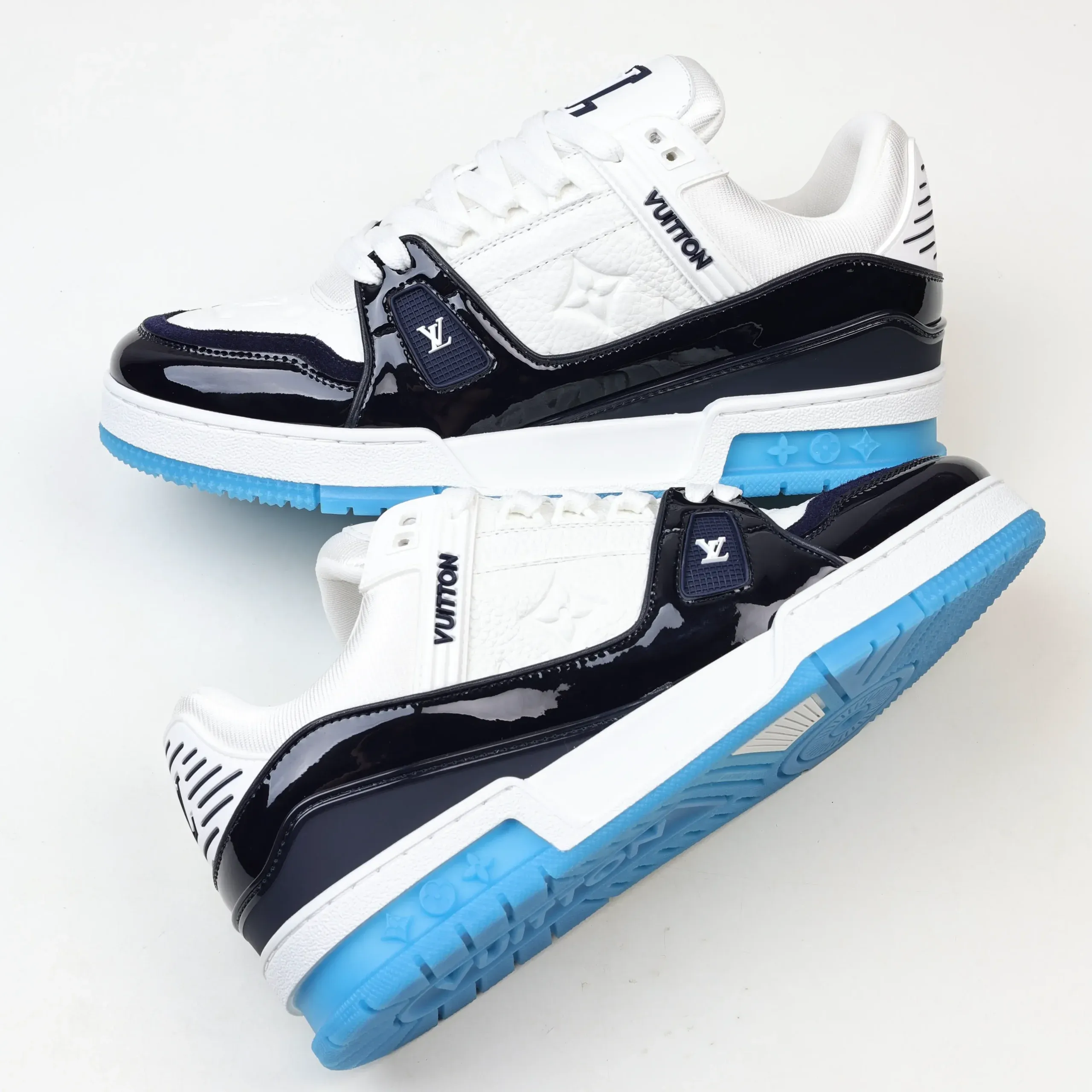 Trainer Monogram Sneakers In White Grained Calfskin And Black And Blue Patent Leather - Image 9