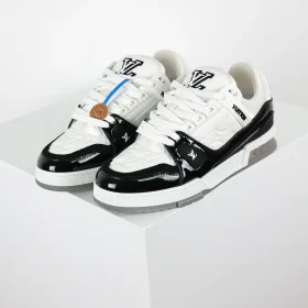 Trainer Monogram Sneakers In White Grained Calfskin And Black Patent Leather