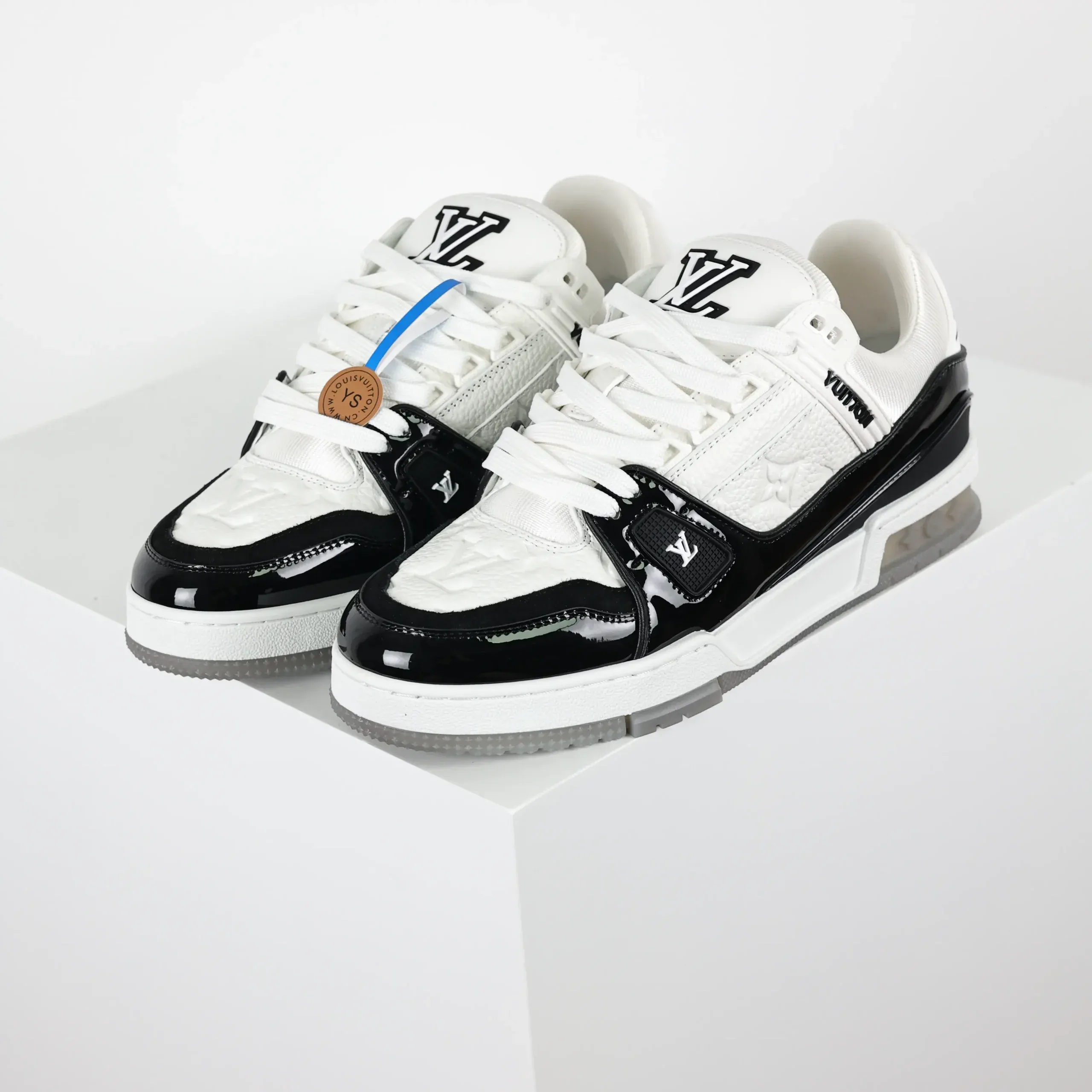 Trainer Monogram Sneakers In White Grained Calfskin And Black Patent Leather