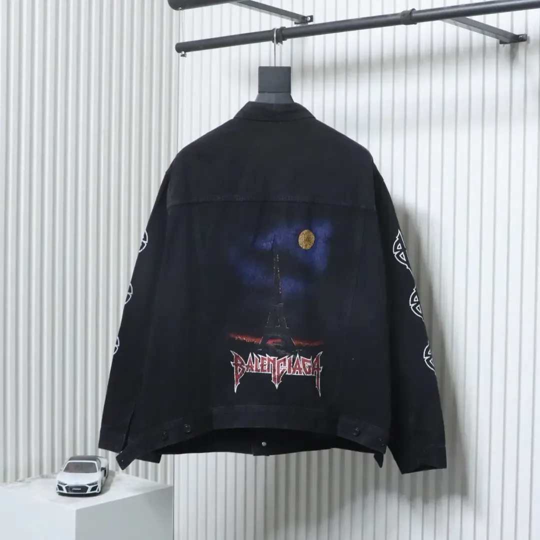 Balenciaga BLCG 23SS Washed Sanskrit Eiffel Tower Denim Jacket - Image 2