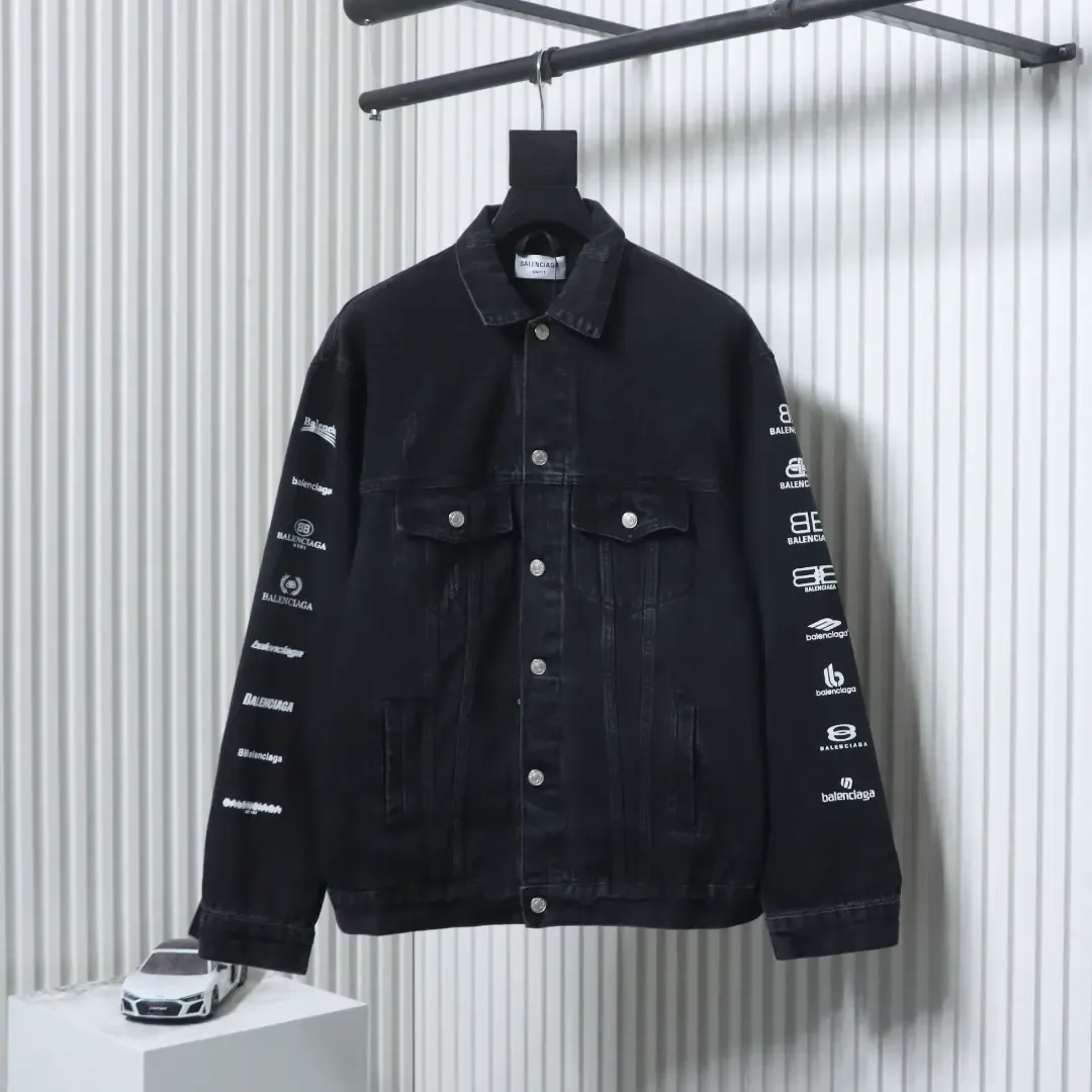 Balenciaga Denim Jacket With All Over Logo And Lettering On The Back