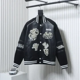 Leather Baseball Jacket Printed With Multiple Logos