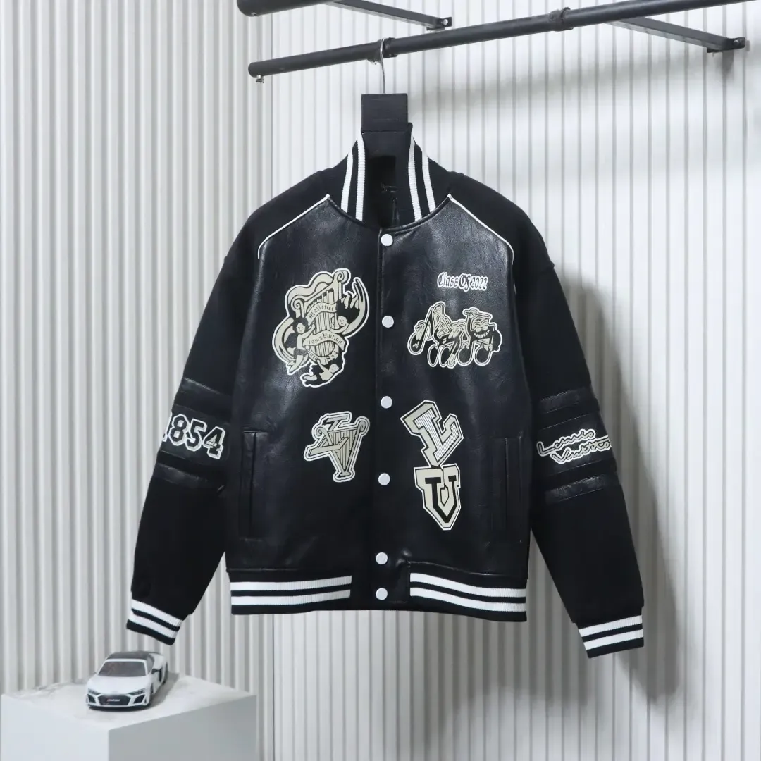 Leather Baseball Jacket Printed With Multiple Logos