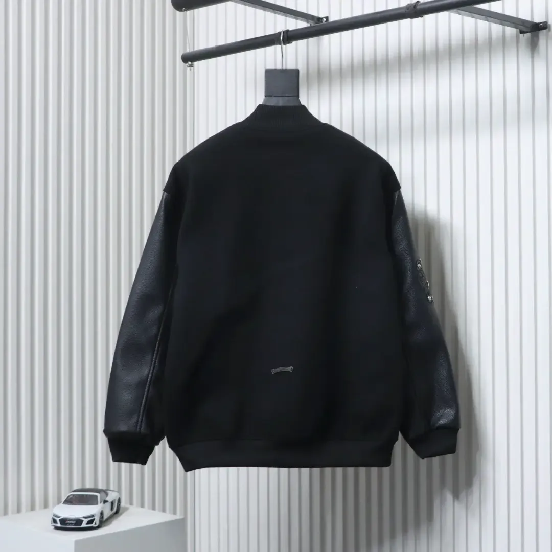 Leather baseball jacket with cross pattern and several brand logos on the sleeves XXL - Image 2