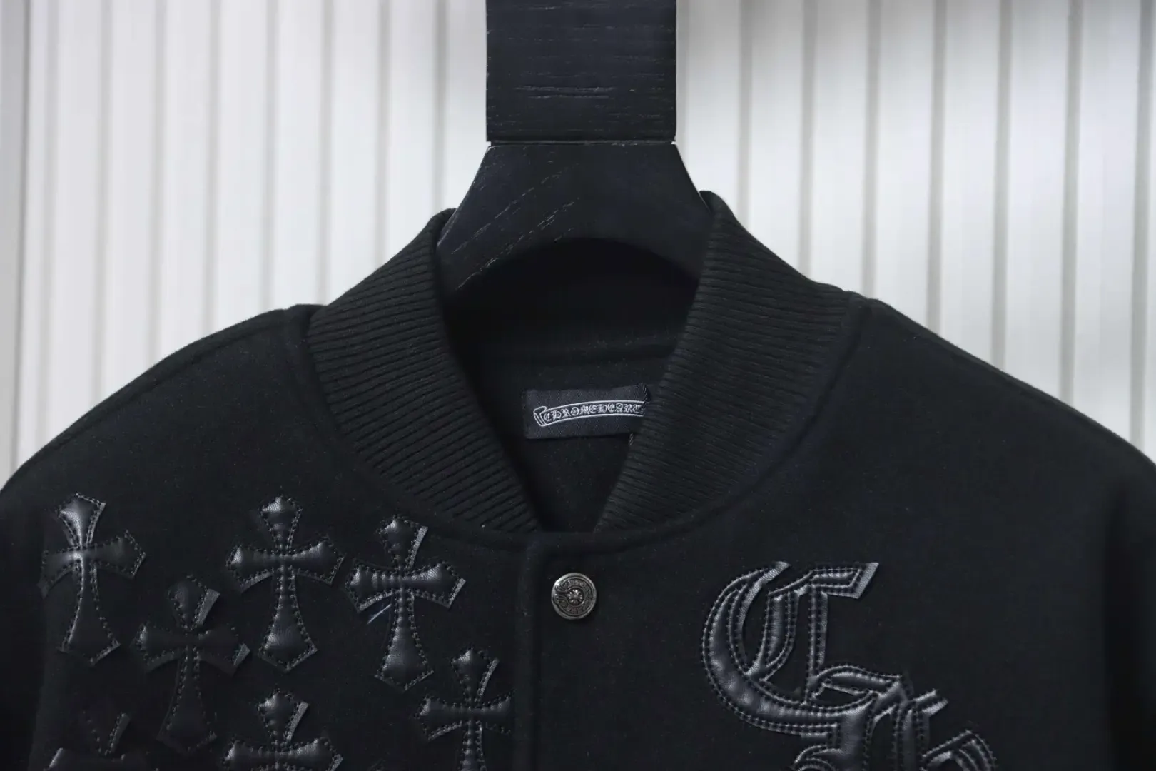 Leather baseball jacket with cross pattern and several brand logos on the sleeves XXL - Image 3