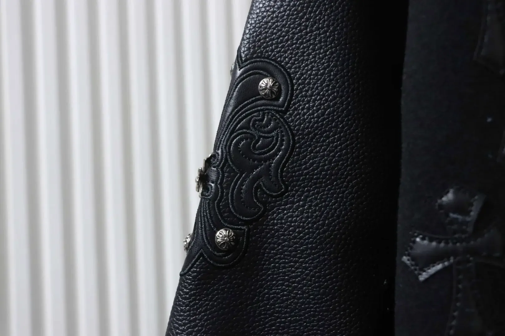 Leather baseball jacket with cross pattern and several brand logos on the sleeves XXL - Image 5