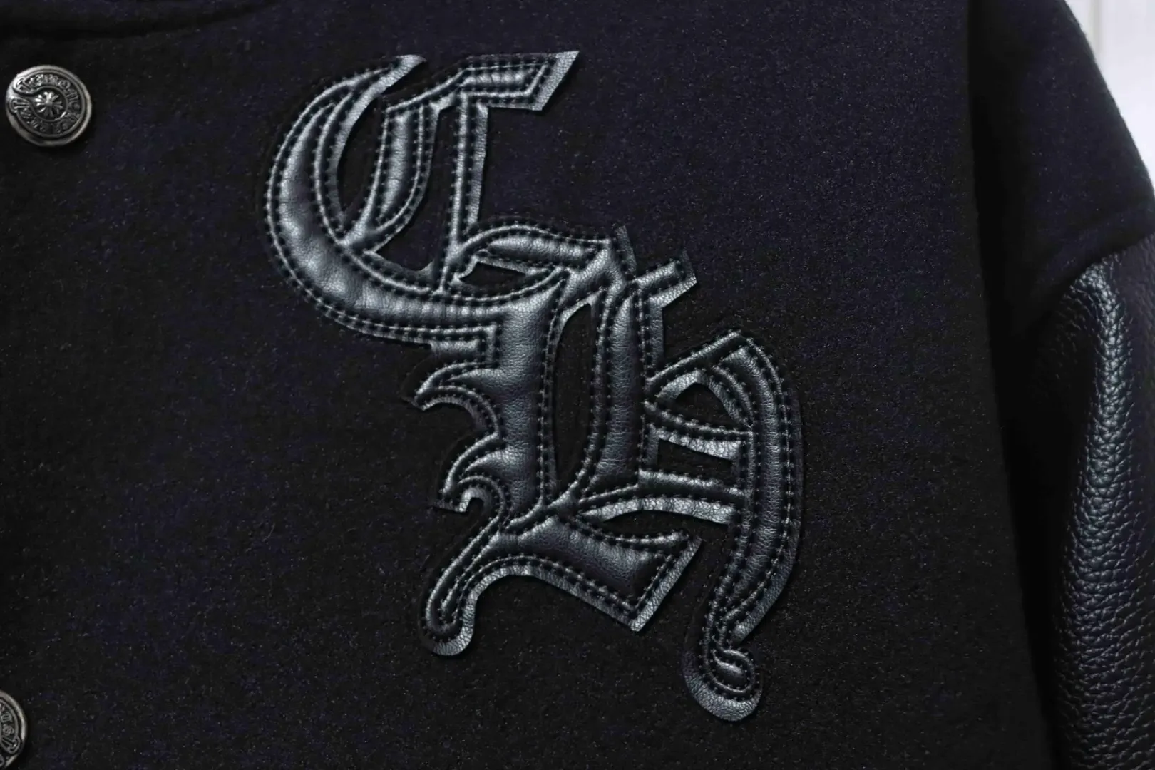 Leather baseball jacket with cross pattern and several brand logos on the sleeves XXL - Image 6