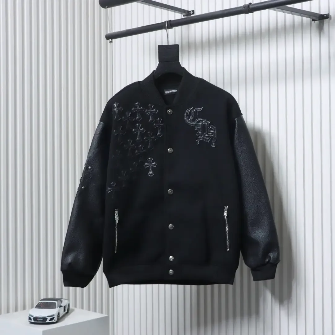 Leather baseball jacket with cross pattern and several brand logos on the sleeves XXL