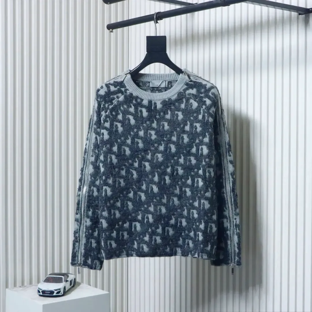 Monogrammed Jacquard Knit Pullover With Zipper Top