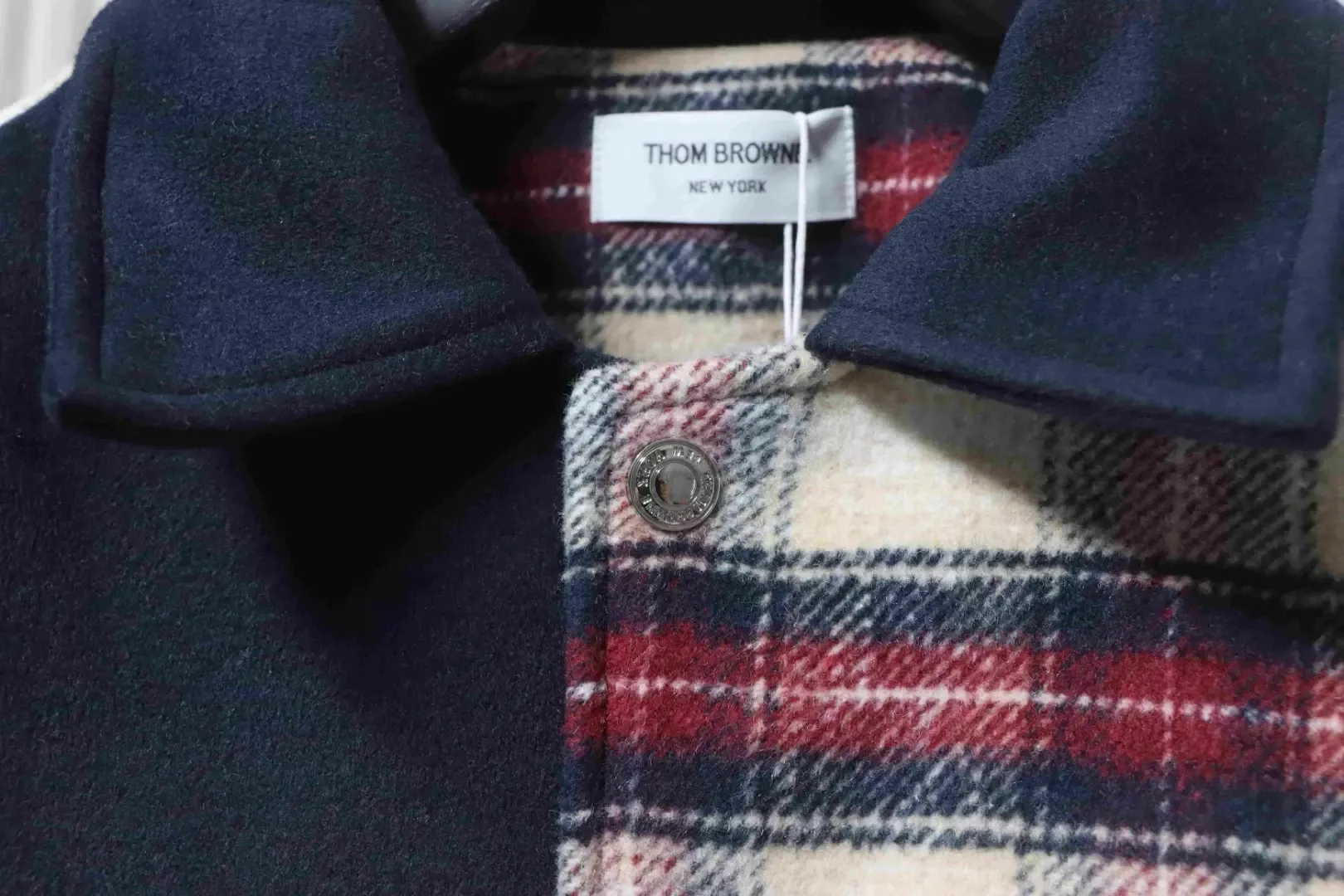 Tb Baseball Jacket With Patchwork Plaid Pattern And Four Stripes - Image 5