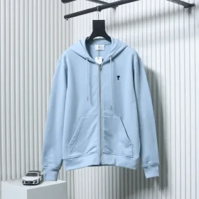 AMI Paris Hooded Jacket With Heart Embroidery And Zipper Closure