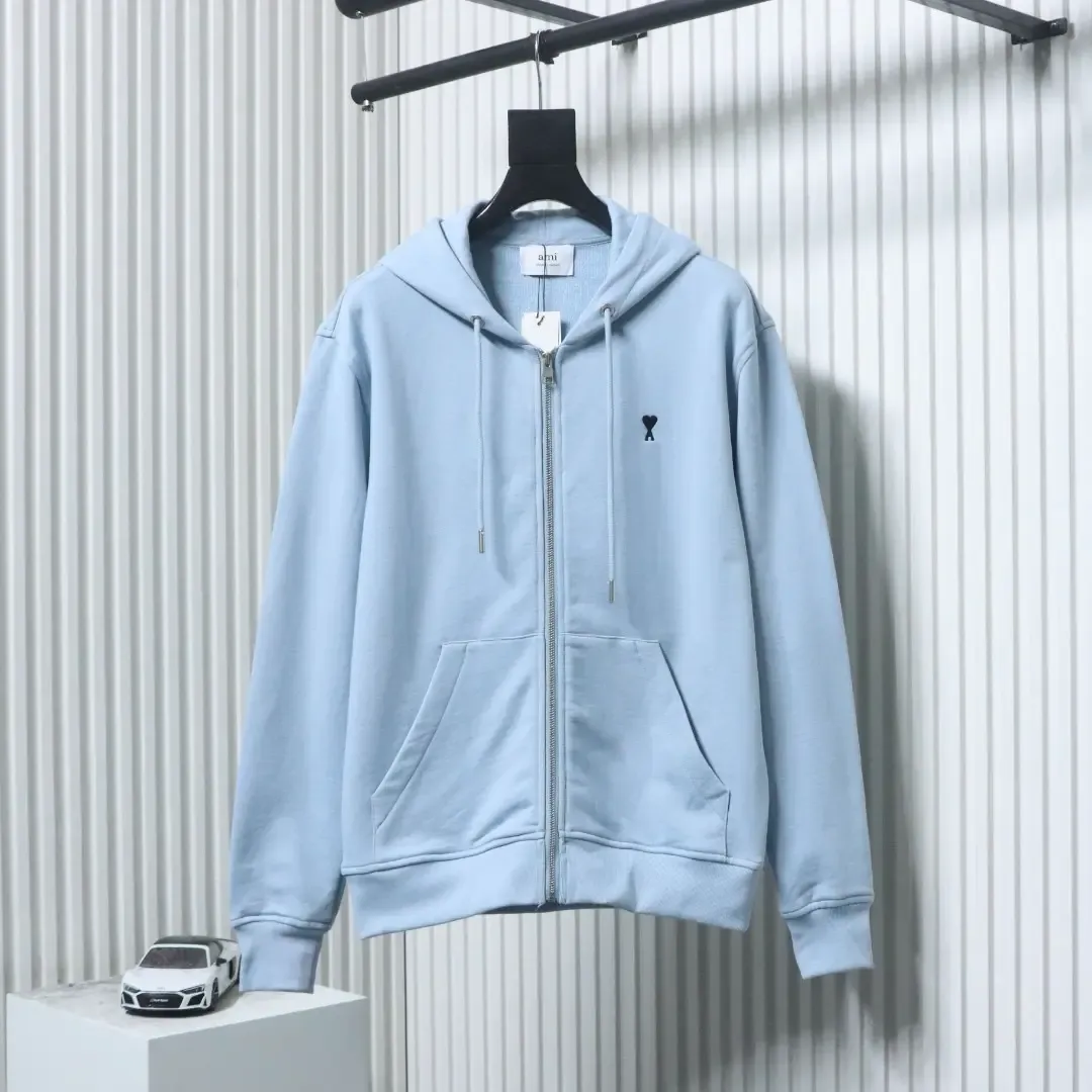 AMI Paris Hooded Jacket With Heart Embroidery And Zipper Closure