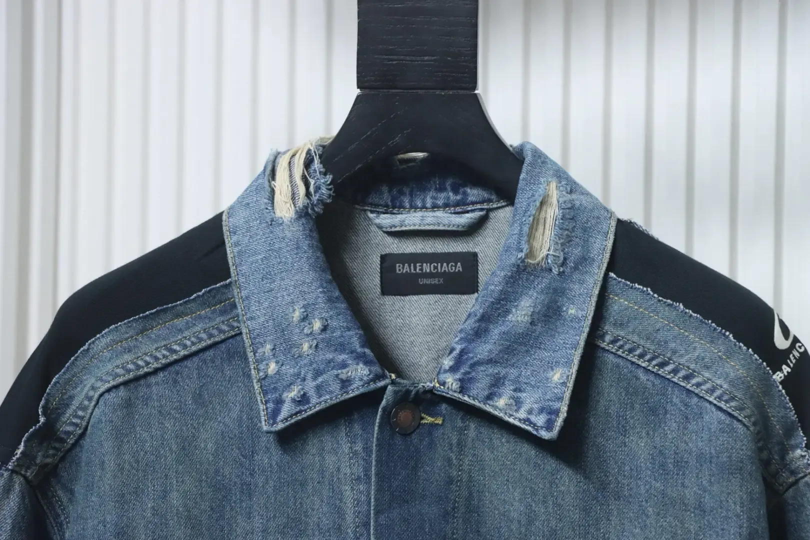 Balenciaga Denim Jacket In A Distressed Look With Circular Embroidered Ribbon Patchwork - Image 2
