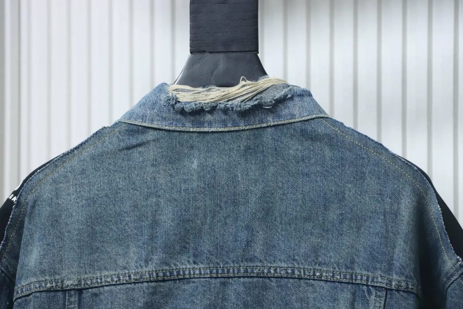 Balenciaga Denim Jacket In A Distressed Look With Circular Embroidered Ribbon Patchwork - Image 3