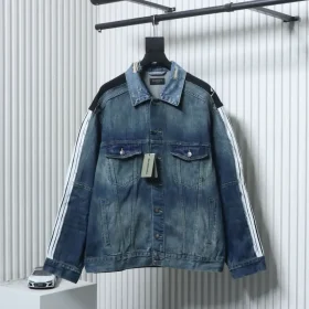 Balenciaga Denim Jacket In A Distressed Look With Circular Embroidered Ribbon Patchwork