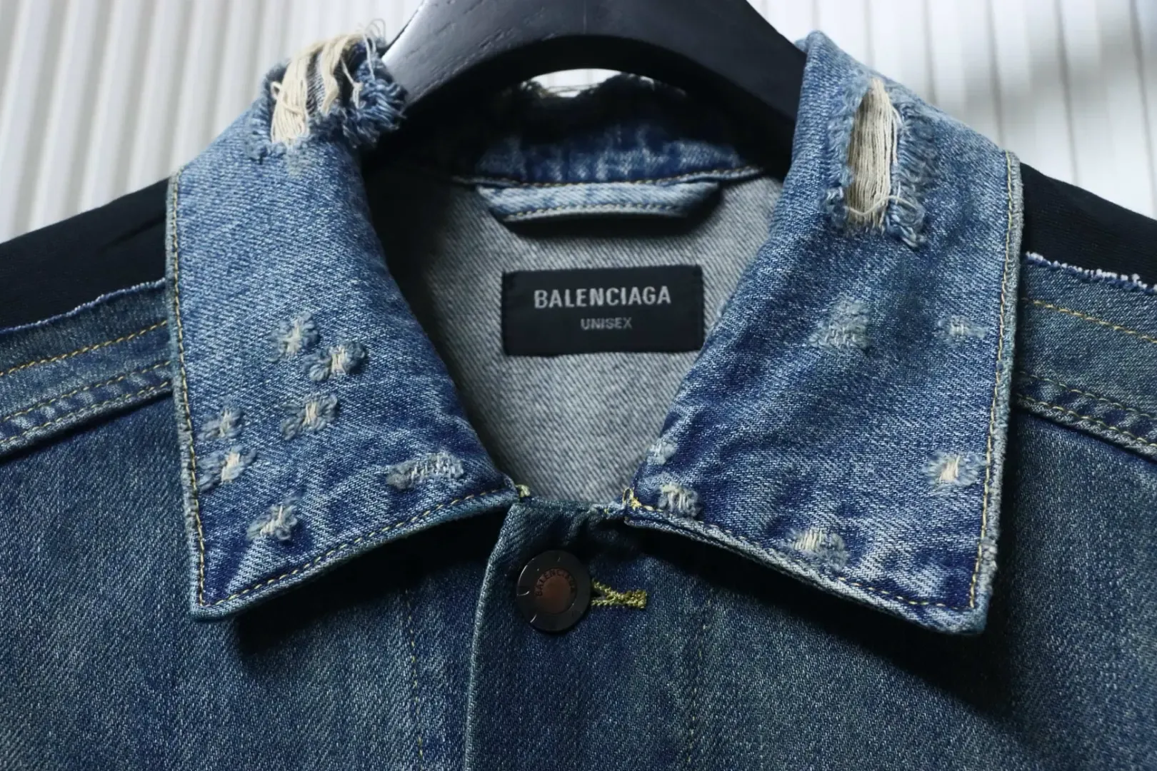 Balenciaga Denim Jacket In A Distressed Look With Circular Embroidered Ribbon Patchwork - Image 4