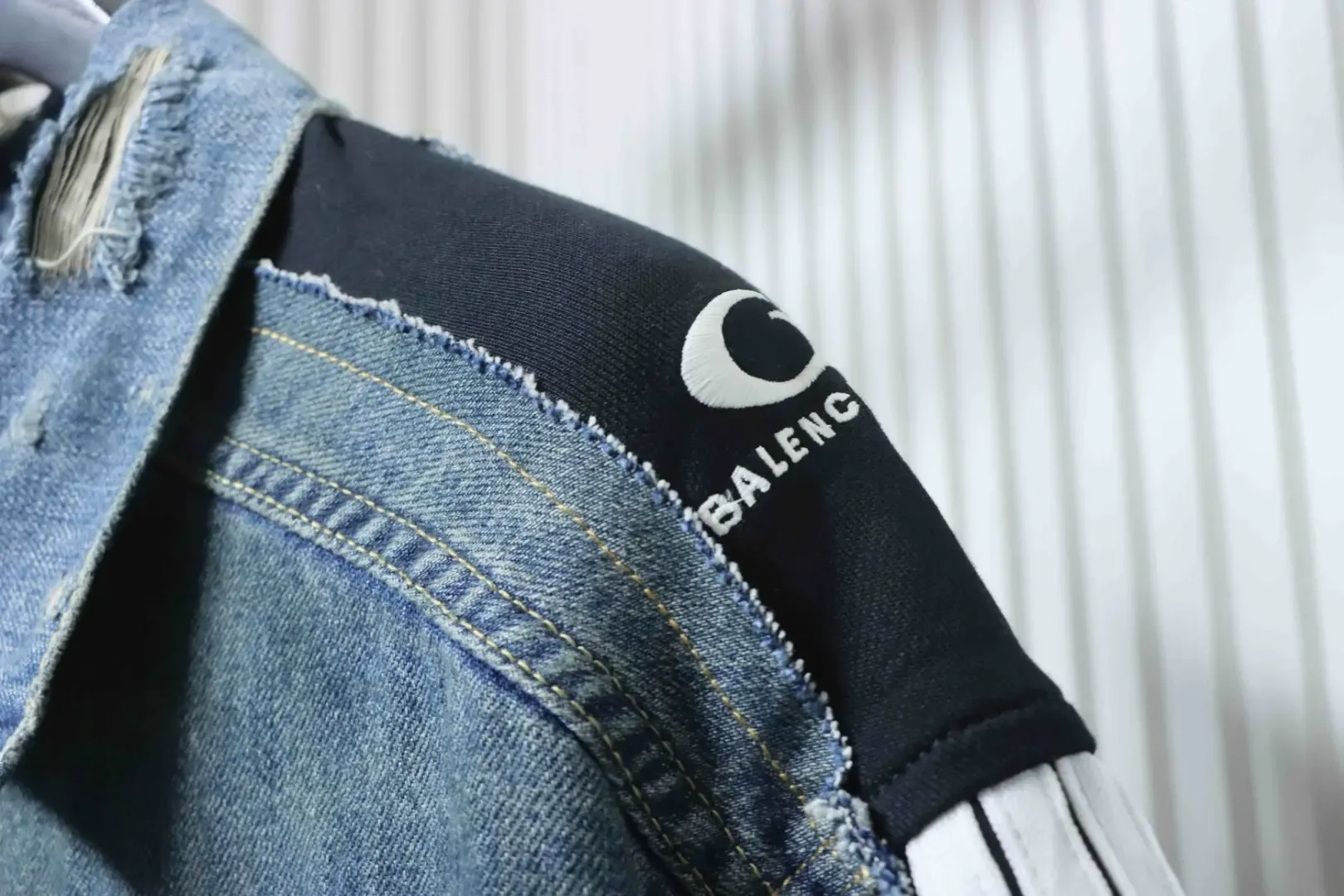 Balenciaga Denim Jacket In A Distressed Look With Circular Embroidered Ribbon Patchwork - Image 5