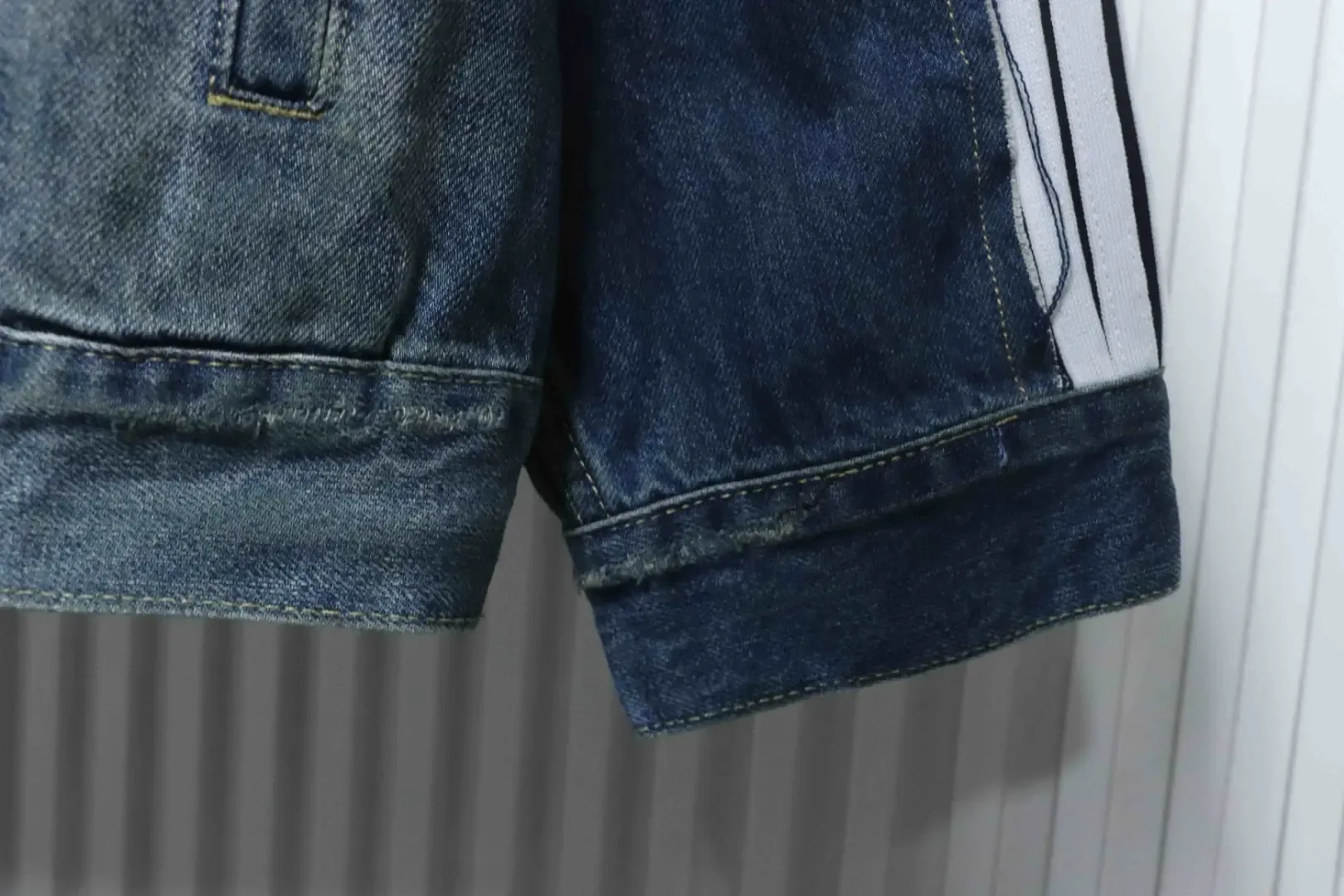 Balenciaga Denim Jacket In A Distressed Look With Circular Embroidered Ribbon Patchwork - Image 6