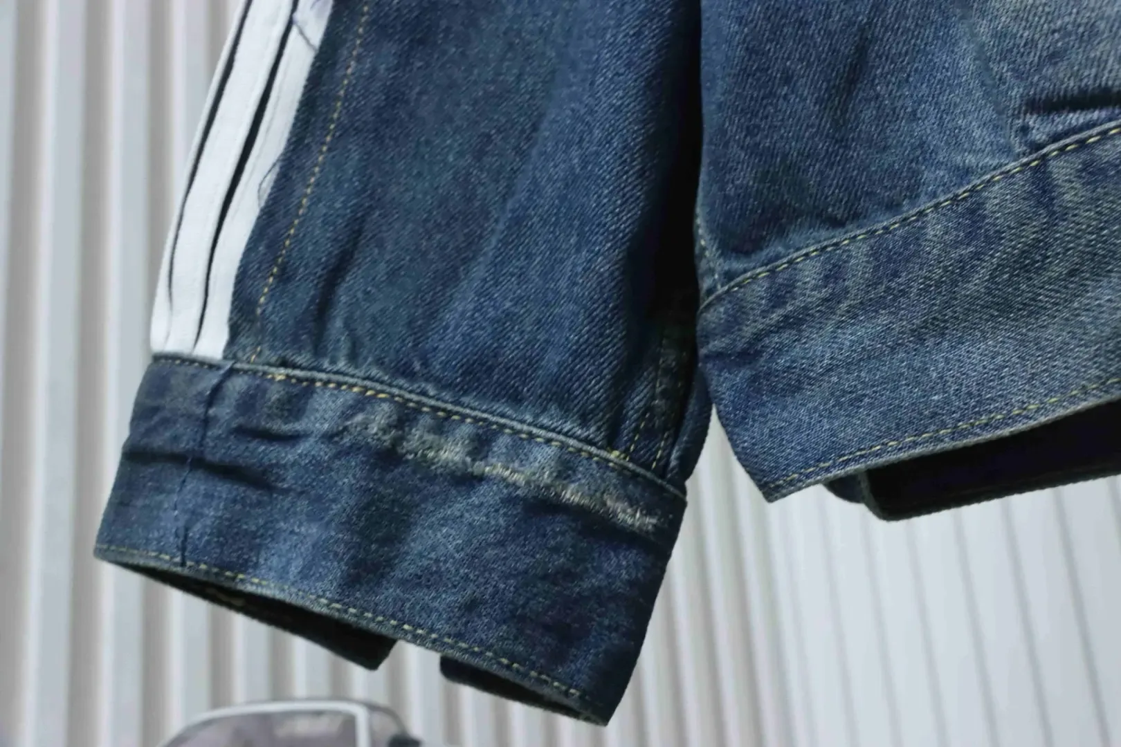 Balenciaga Denim Jacket In A Distressed Look With Circular Embroidered Ribbon Patchwork - Image 7