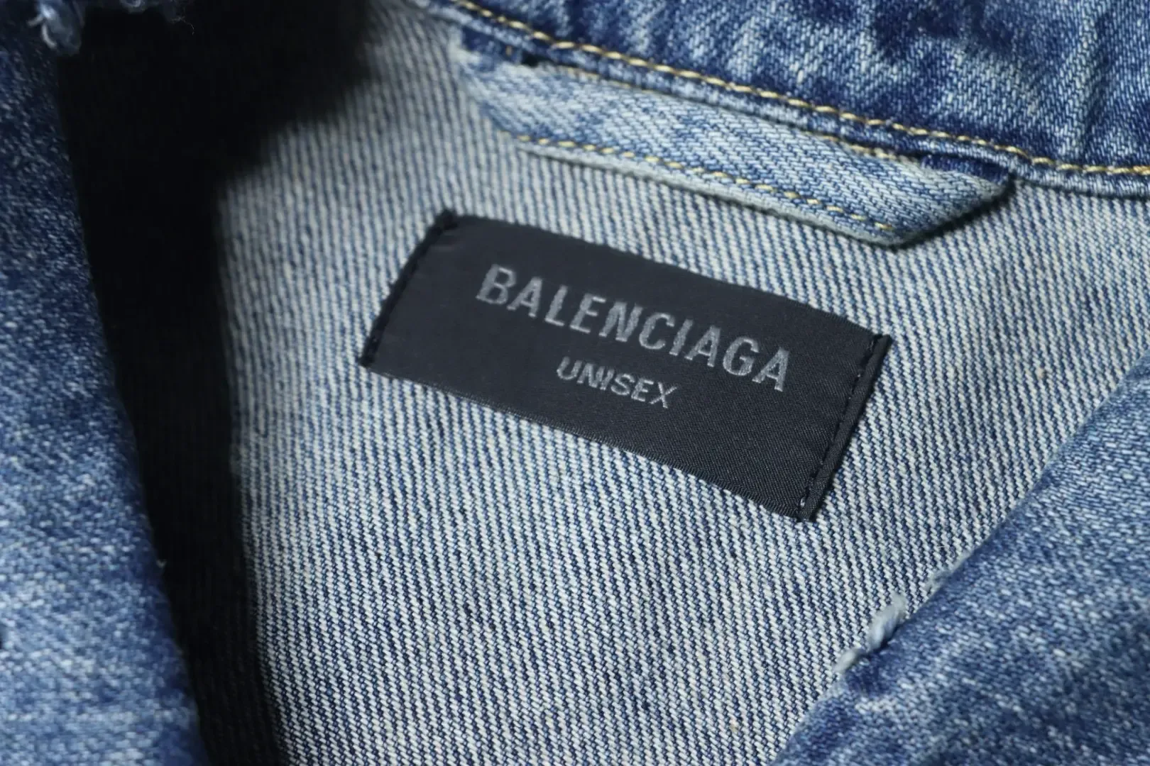 Balenciaga Denim Jacket In A Distressed Look With Circular Embroidered Ribbon Patchwork - Image 9